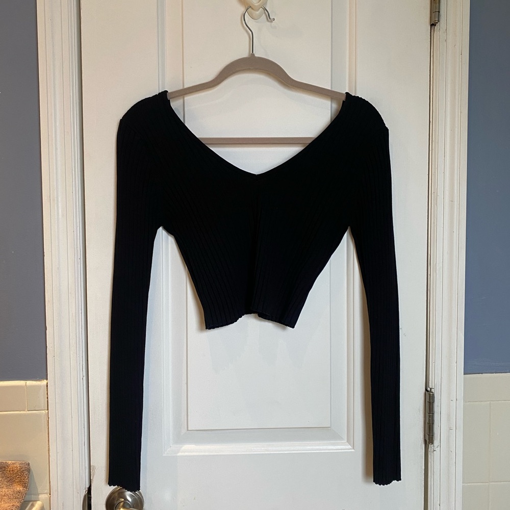 Fashion Nova Cropped Ribbed Black V-Neck Plunge Sweater